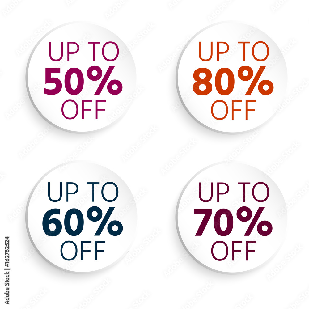 Round button, banner discount. Up to 50 off. Sale banner. Vector illustration with isolated design elements Round button, banner discount. Up to 50 off. Sale banner. Vector illustration with isolated design elements