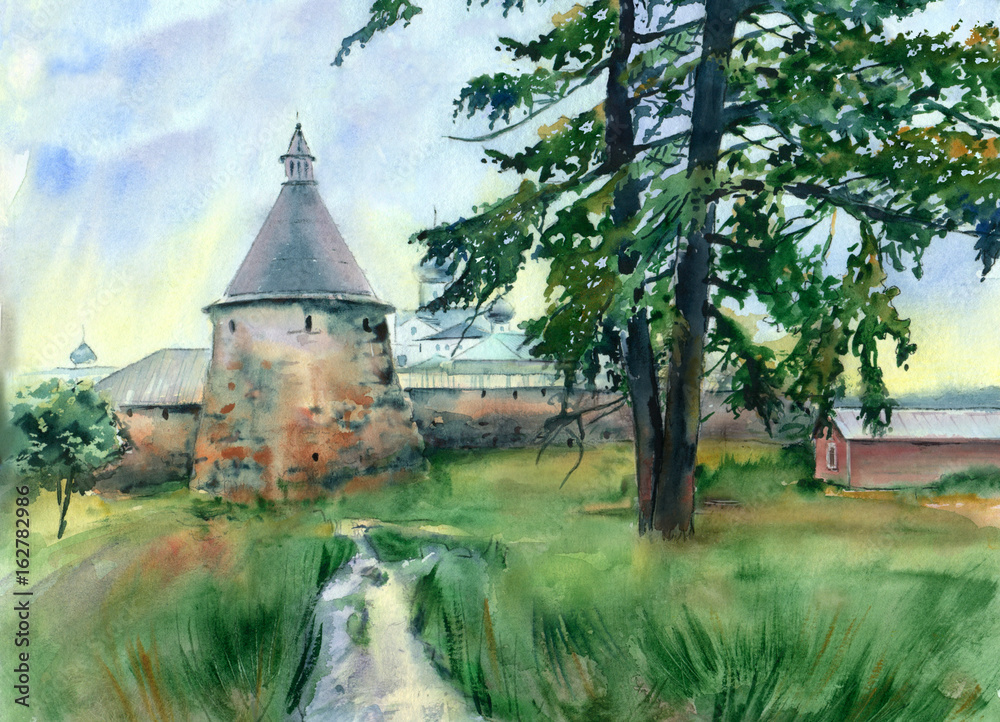 Watercolor painting. Landscape with old tower.
