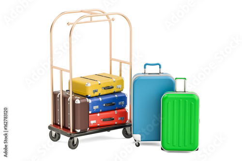 Luggage cart or hotel trolley with colored suitcases, 3D rendering