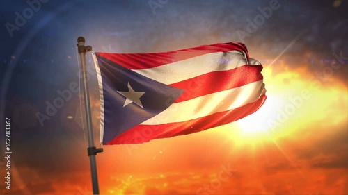 Puerto Rico Flag Backlit At Beautiful Sunrise Loop Slow Motion 4K