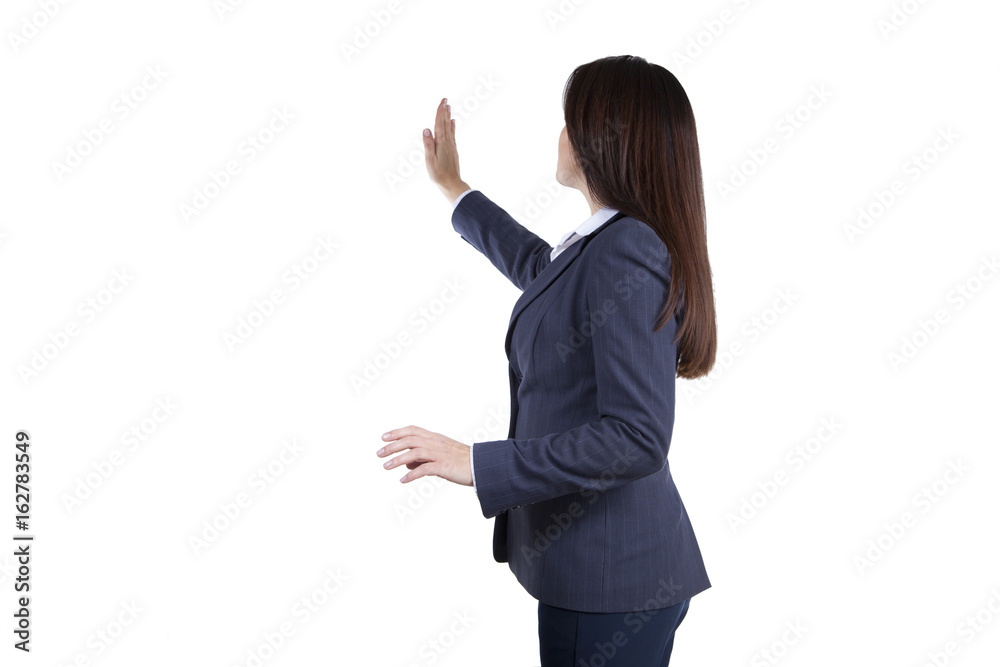 Businessman conducting a presentation, hand flipping an imaginary touch screen. Isolated on white background Businessman conducting a presentation, hand flipping an imaginary touch screen. Isolated on white background