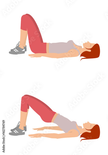 Exercise lifting the pelvic girdle; Girll performs exercises lifting the pelvic girdle of the position lying on the back. Isolated on a white background