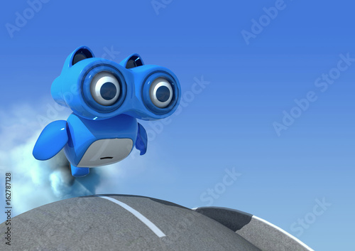 3d illustration. The flying future blue owl robot on the sky
