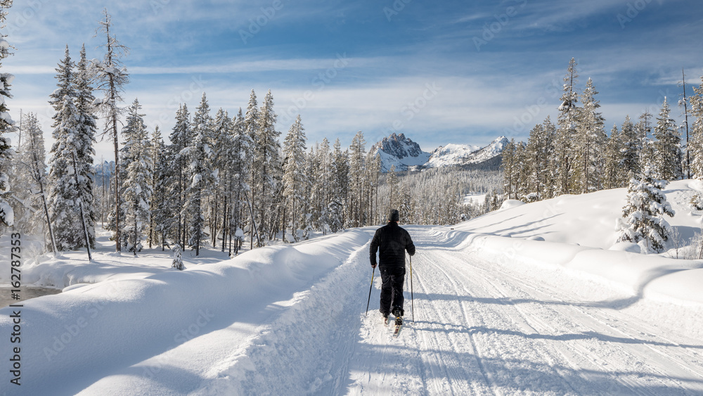 Cross Country skier moves toward the mountains in winter