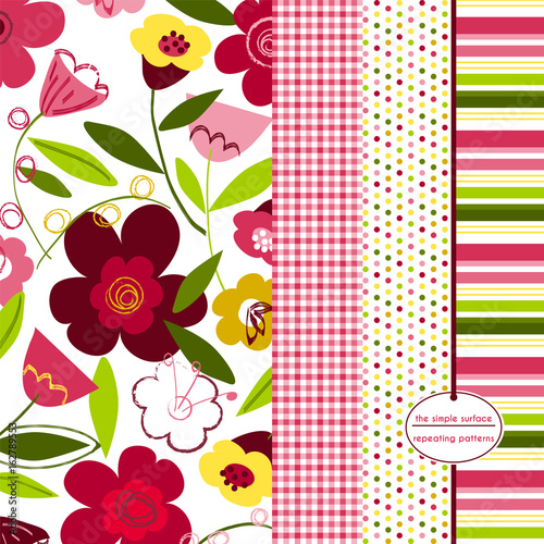 Abstract floral seamless pattern. Repeating patterns for scrapbooking, gift wrap, baby shower, backgrounds and more. Flower, gingham plaid, polka dot and stripe print. Pink, red, green and yellow.