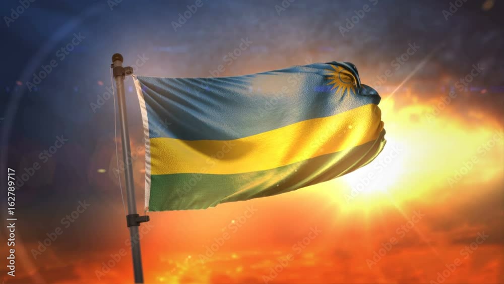 Rwanda Flag Backlit At Beautiful Sunrise Loop Slow Motion 4K