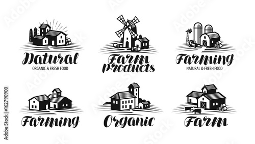 Farm, farming label set. Agriculture, agribusiness, building icon or logo. Lettering vector illustration