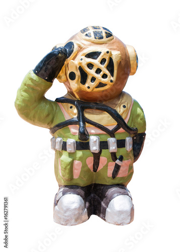 Foto Frogman statue with hand salute isolated on white background