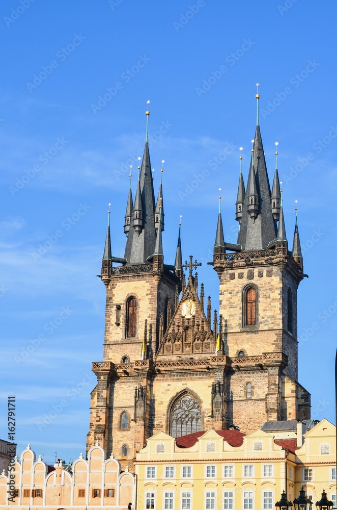 Gothic Tyn Cathedral Towers in the Old Town Square of Prague