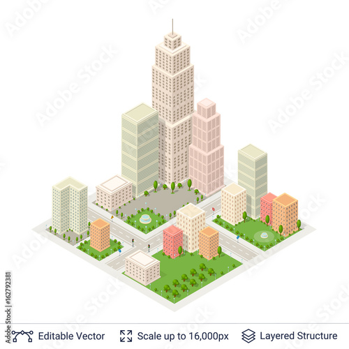 Isometric city popular structures.
