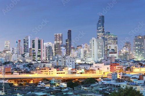 View of Bangkok at twilight time in cityscape.