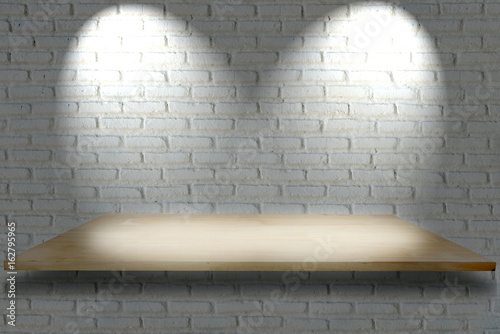 Wooden shelves and white brick wall background. For product display.