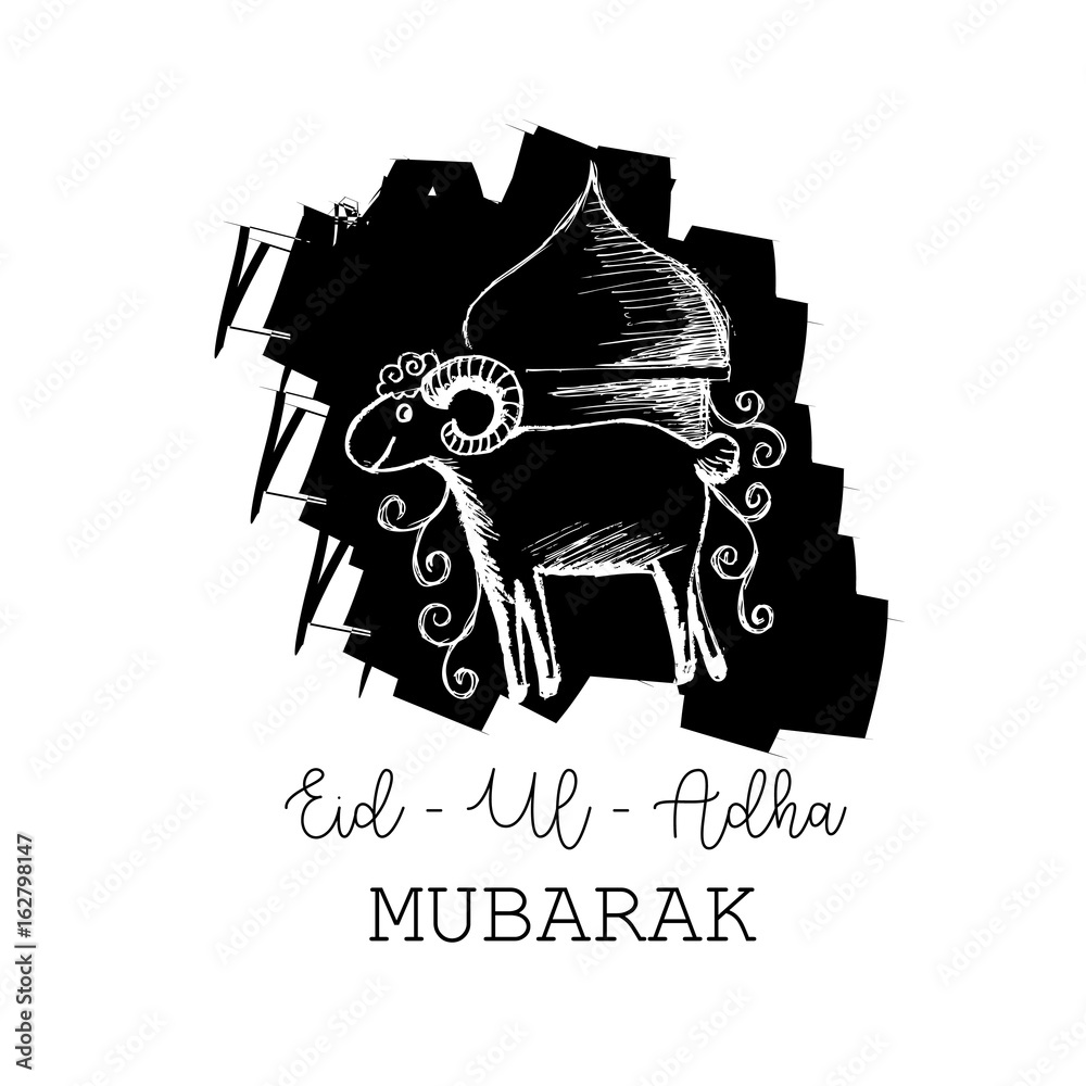 Eid-ul-adha greeting card with sheep and mosque.