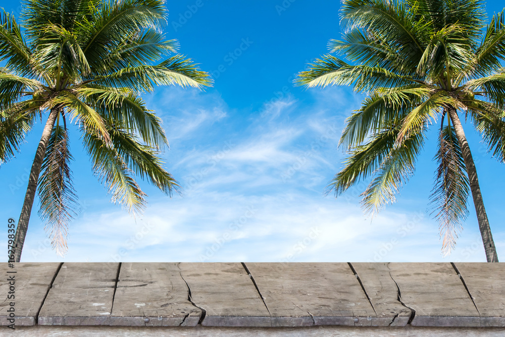 Old wood table top with coconut trees and blue sky background.