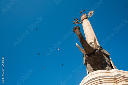 Landmarks of Catania  Sicily  bottom view of the famous lava stone statue of an elephant and its obelisk in the main square