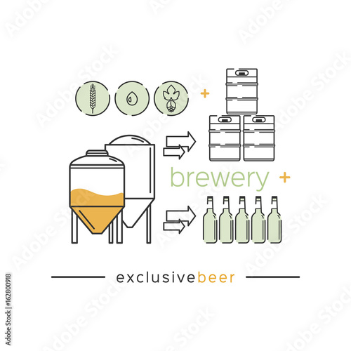 Beer  kegs, bottles, brewery equipment, hops, malt. Vector Icons. Modern linear style.