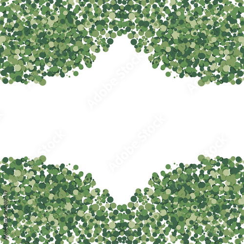 Abstract explosion of green color confetti, isolated on white background. Abstract background with many falling tiny confetti pieces. Free space in center for your text. Vector