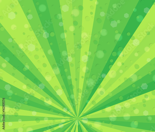 Radial speed lines with a downwardly shifted center. Abstract fractal background with gentle green rays, stripes. Zoom effect. Background with many falling tiny confetti pieces, bokeh. Vector