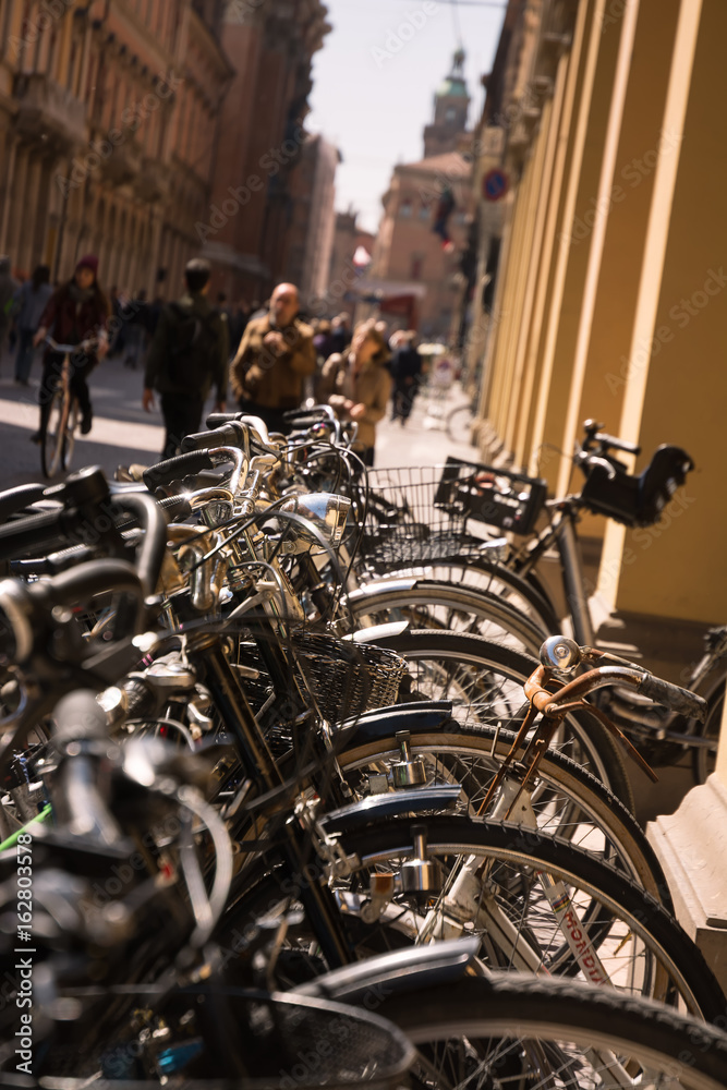 Bicycles parked in the center of Bologna