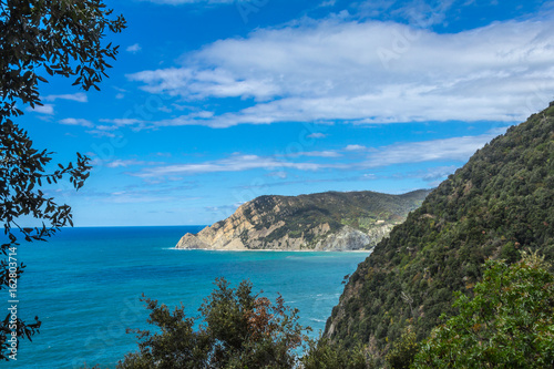 a view from the azure path  the path of Love   passing through the Cinque Terre park to Monterosso al Mare  Vernazza  Corniglia  Manarola and Riomaggiore