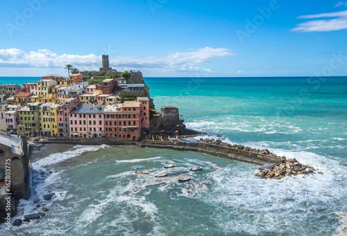 aerial view of Vernazza, a small resort town on the territory of the Cinque Terre National Park