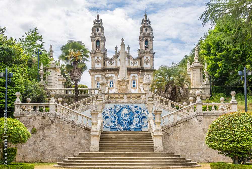 Azulejo decorated stairway to the Sanctuary of Our Lady of Remedios in Lamego ,Portugal - obrazy, fototapety, plakaty 