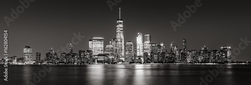 Black and White panoramic view of New York City Financial District skyscrapers. Panoramic view of Lower Manhattan