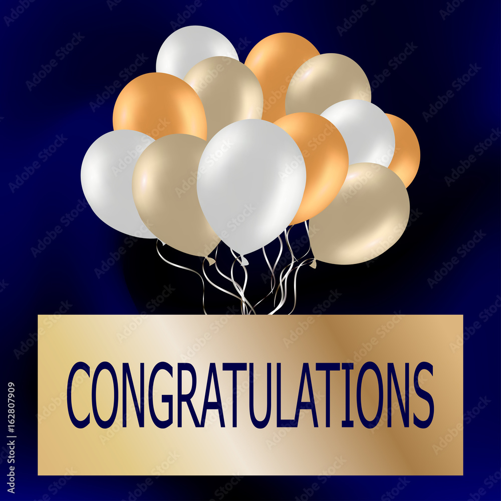 ledematen Voorzichtig Gedachte Congratulations card with cute colorful balloons. Festive blue background  with gold balloons. Party balloons for event design. Party decorations for  birthday, anniversary, celebration. Stock Vector | Adobe Stock