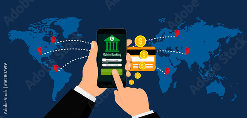 Mobile banking around world, mobile payments and money transaction. Vector illustration. Flat design.