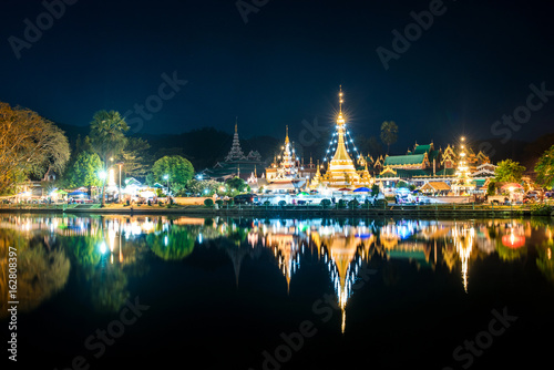Night view landscape Temple Chong Klang and Chong Kham in Mae Hong Son province, Northern Thailand photo