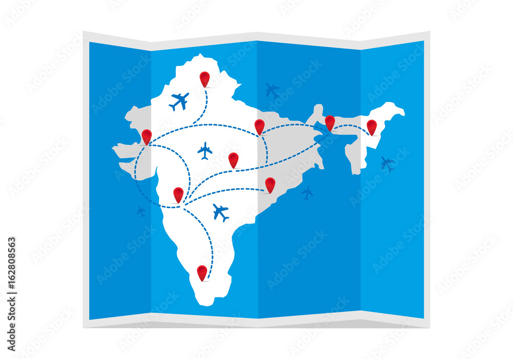 Fototapeta premium India travel map with airplanes and markers. Vector illustration.