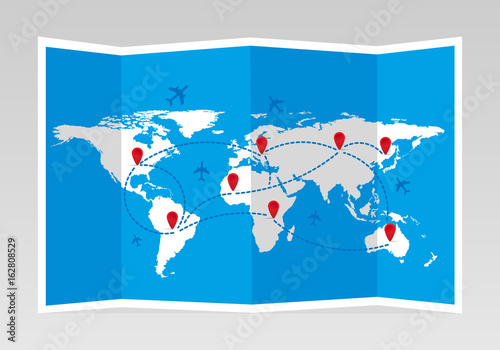 Folded world map with airplanes and markers. Travel and tourism. Vector illustration.