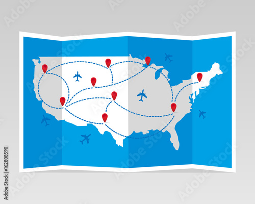 Folded travel map United States of America with airplanes. Vector illustration.