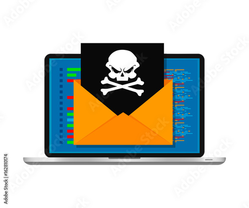 Vector illustration concept of virus and hacking. Envelope with skull on screen laptop isolated on white background. Flat design.