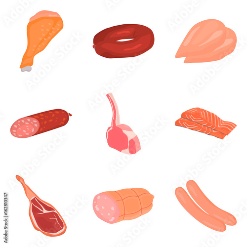Set of color flat meat products icons set for web and mobile design