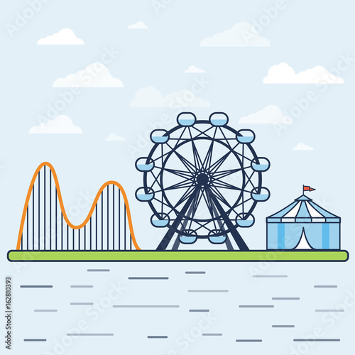 Fair. Amusement park with a Ferris wheel, a roller coaster and a circus tent. Vector illustration.