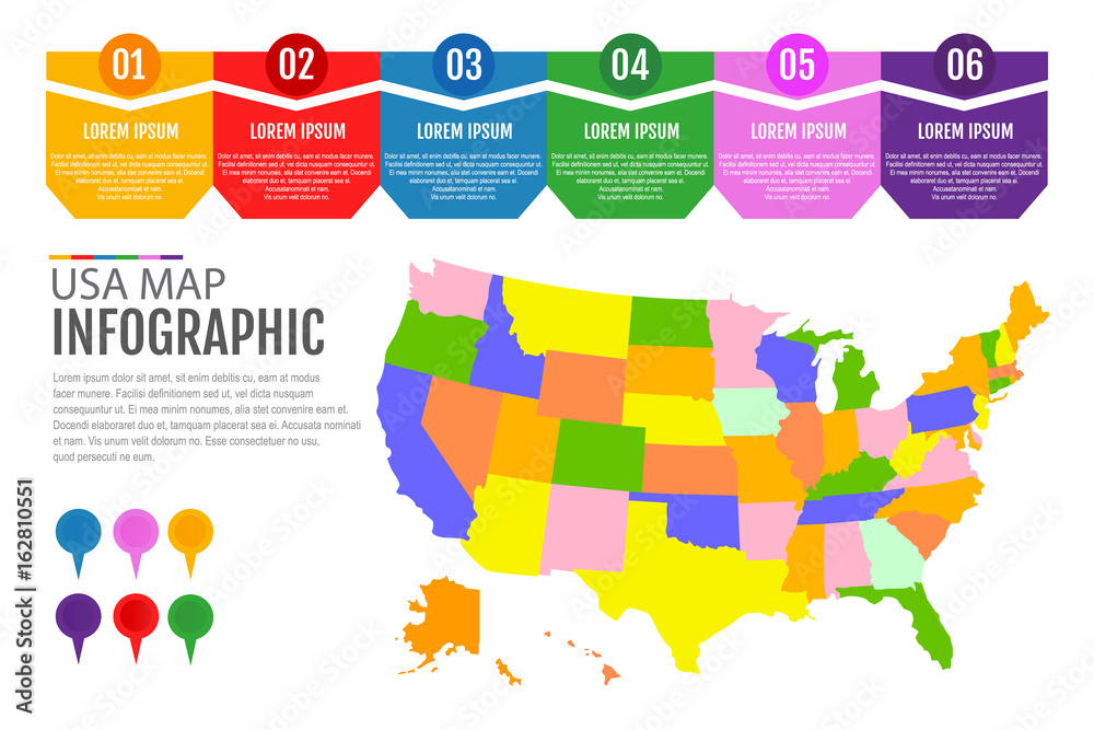 United States of America map with infographics. Template for diagram, graph, presentation. Vector illustration.