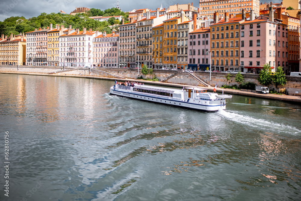 View on Rhone river and the old town in Lyon city in France
