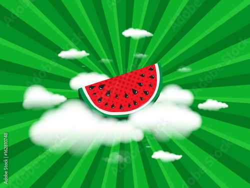 Juicy slice of watermelon on white clouds on background radial speed lines from rays, stripes green color. Concept of Hello Summer. Fruit abstract background, vector illustration