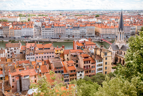 Aerial cityscape view with beautiful old buildings and saint George cathedral in Lyon city