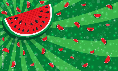 Slices of watermelon on green color background from rays, stripes, like texture of rind of watermelon. With many tiny glowing pieces, bokeh. Concept of Hello Summer. Fruit abstract background, vector