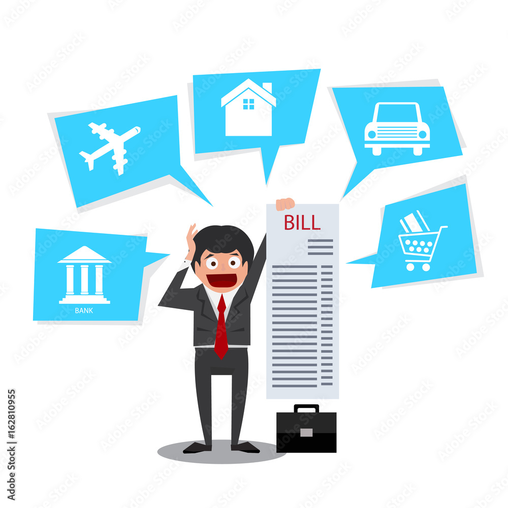 Business man get the long bill ,home,car, credit card. Business man get the long bill ,home,car, credit card.