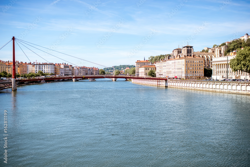 Cityscape view on Rhone river in the old town of Lyon, France