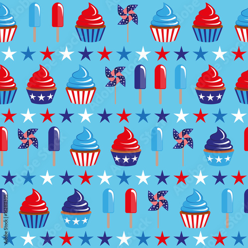 vector 4th of July seamless pattern with cupcakes and ice-cream