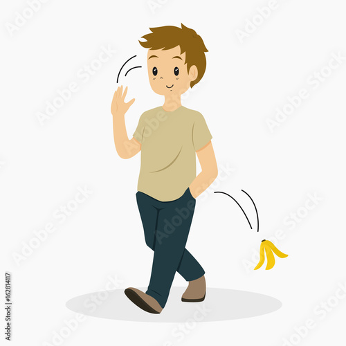 illustration of a man toss the banana peel he just ate earlier and walk away