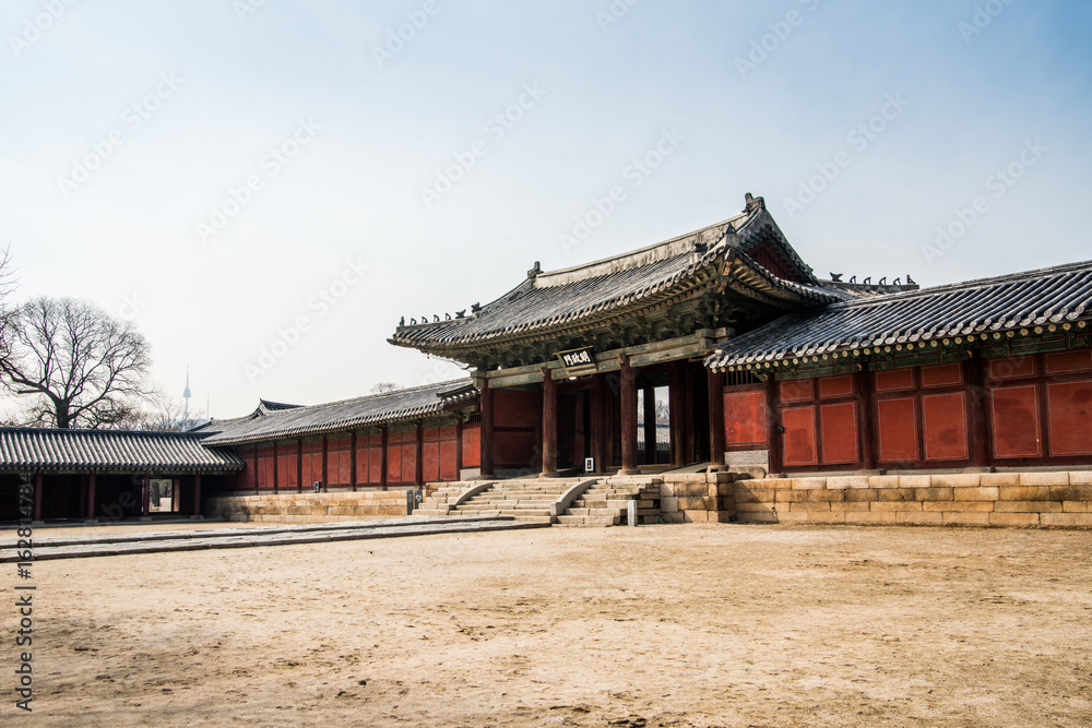 Myeongjeongmun gate of Changgyeonggung Palace which was the palace of Joseon Dynasty. South Korea, Seoul. ( Sign board text is Myeongjeongmun gate of Changgyeonggung Palace which was the palace of Joseon Dynasty. South Korea, Seoul. ( Sign board text is