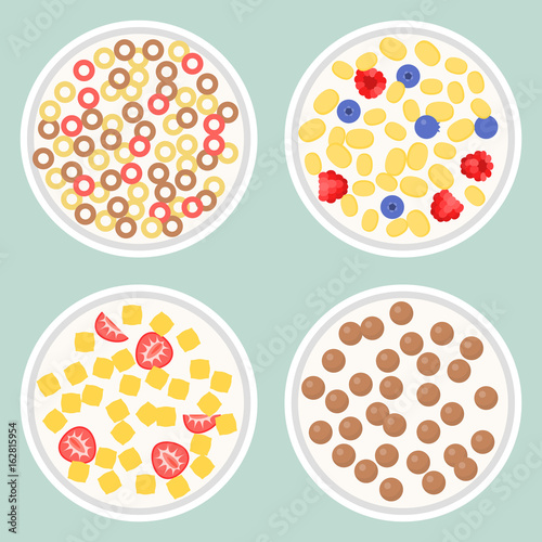 Cereal in various type, chocolate ball, flakes with berries, donut like shape, with bowl of milk, flat design vector