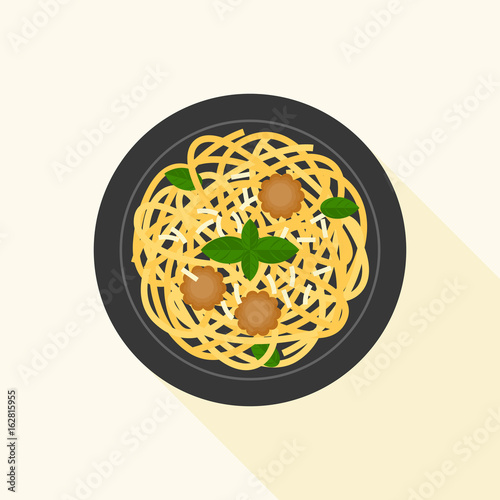 spaghetti bolognese or meat ball in aerial view, flat design vector with long shadow
