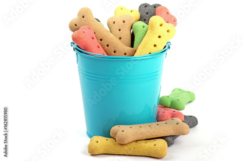 colored dog bones in a blue bucket 