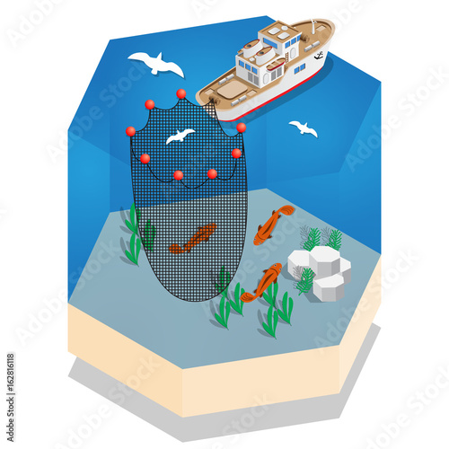 The boat for fishing. Isometric. Vector illustration.